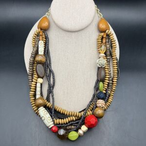 Boho Beaded Statement Necklace Wooden Colorful Red Bold Multi Strand Bold Green